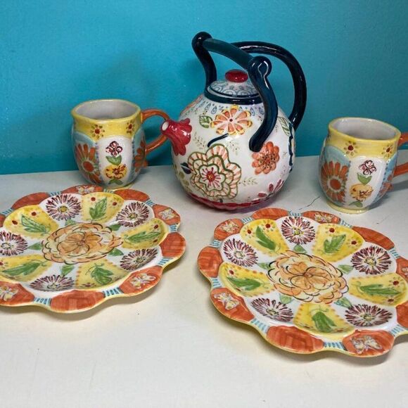 Anthropologie 3 Handle Teapot with 2 "Biscuit" Plates and Cups - Picture 7 of 9